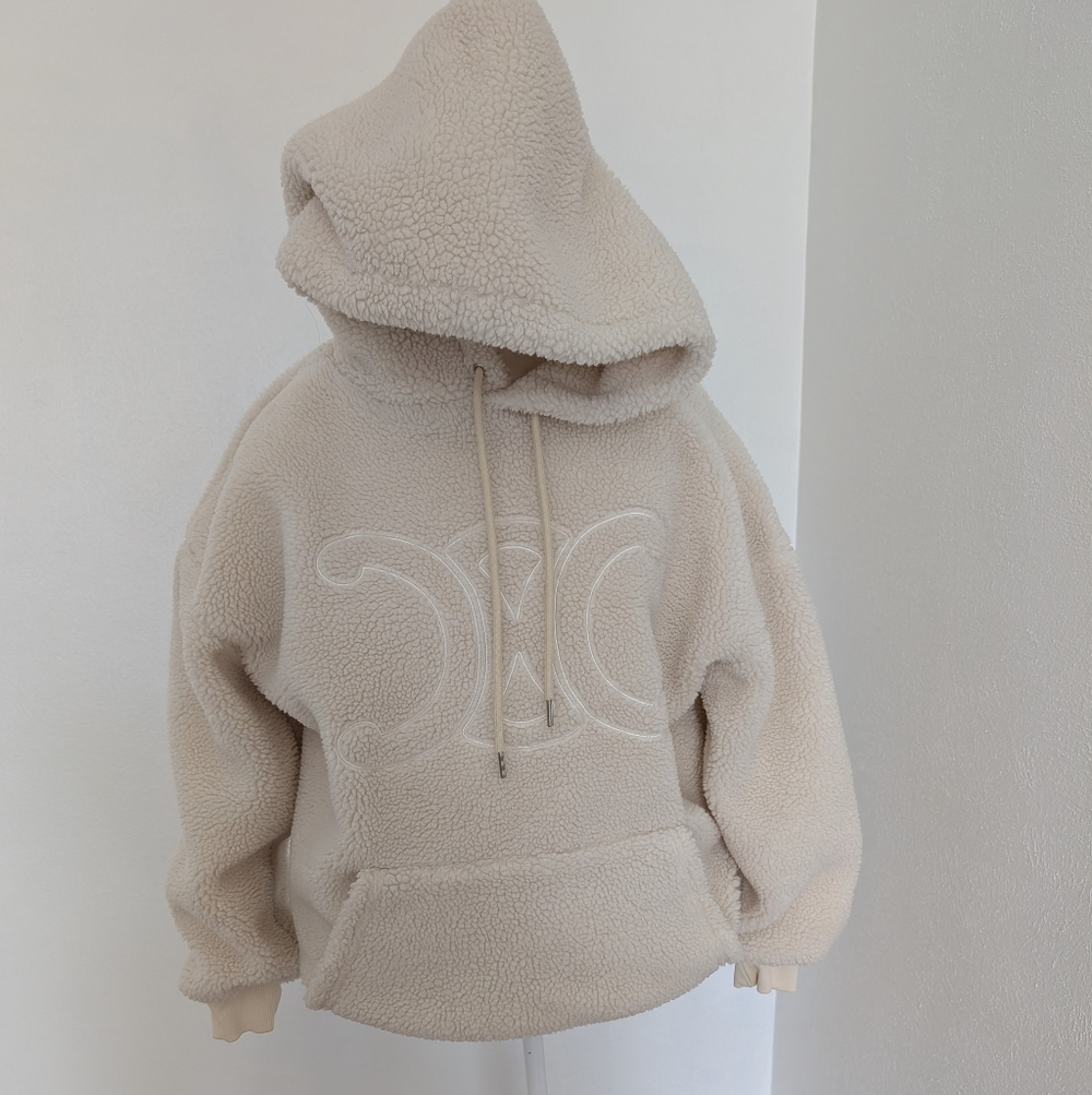 Celine Beige Sherpa Hoodie with Crescent Motif